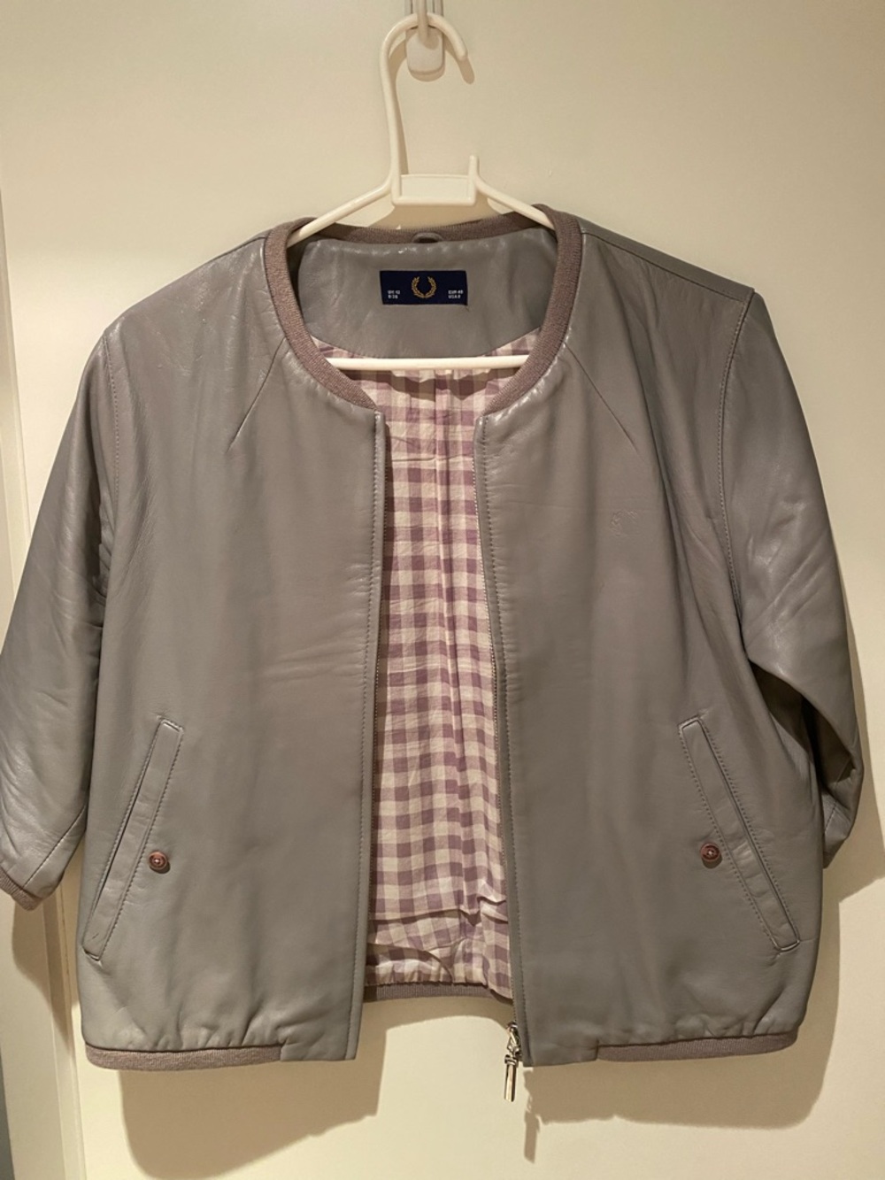 Fred Perry Light Grey Leather Jacket with Check Lining